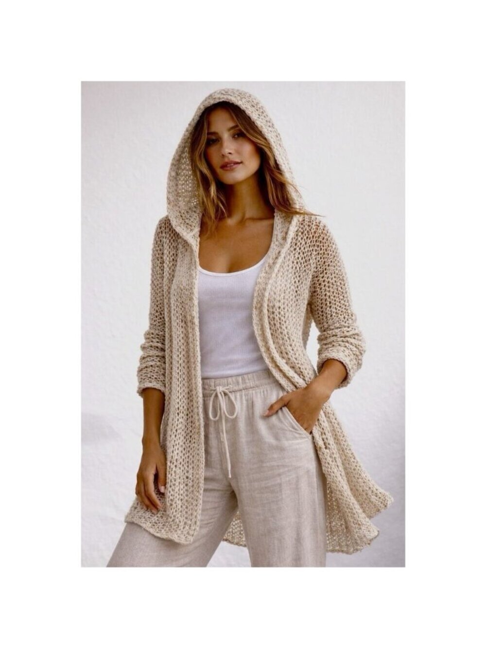 James Perse Open Weave Hooded Cardigan Cotton Linen Slub Knit Drape Sweater